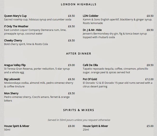 Menu At The Hide Bar London