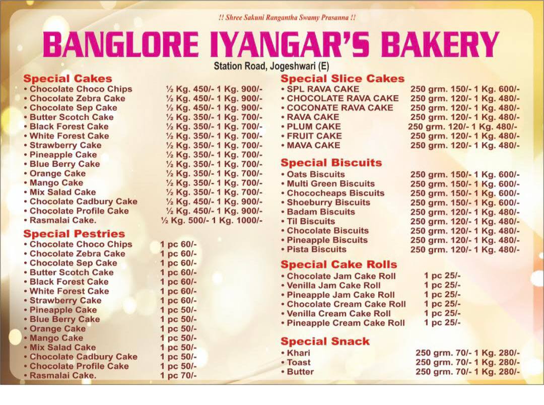 Menu Of Bangalore Iyengar S Bakery Mahakali Mumbai