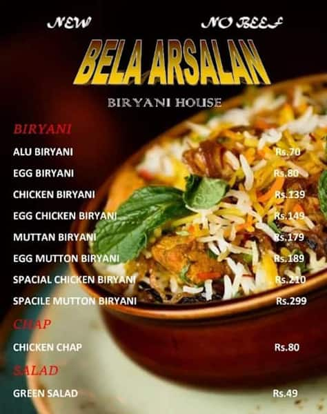 Menu Of New Bela Arsalan Biryani House New Town Kolkata