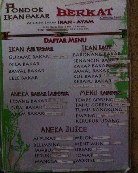 Menu At Pondok Ikan Bakar Berkat Restaurant Bogor