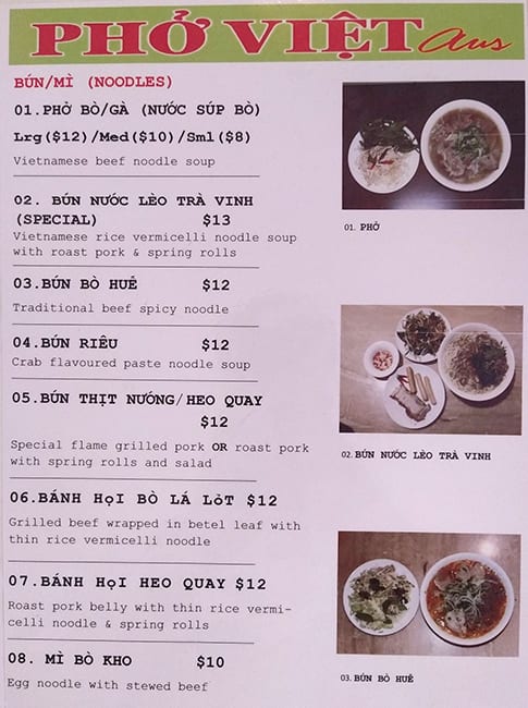 Menu At Pho Viet Springvale