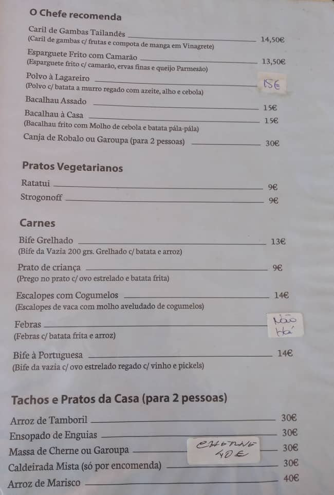 Menu at Baía do Sado restaurant Setúbal Municipality