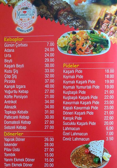 Carta de Mahmut Usta Döner ve Kebap Estambul