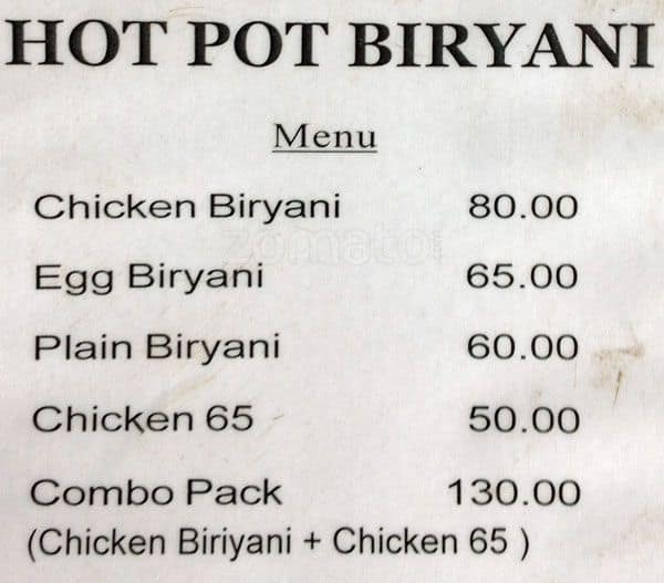 Menu At Hot Pot Biryani Chennai