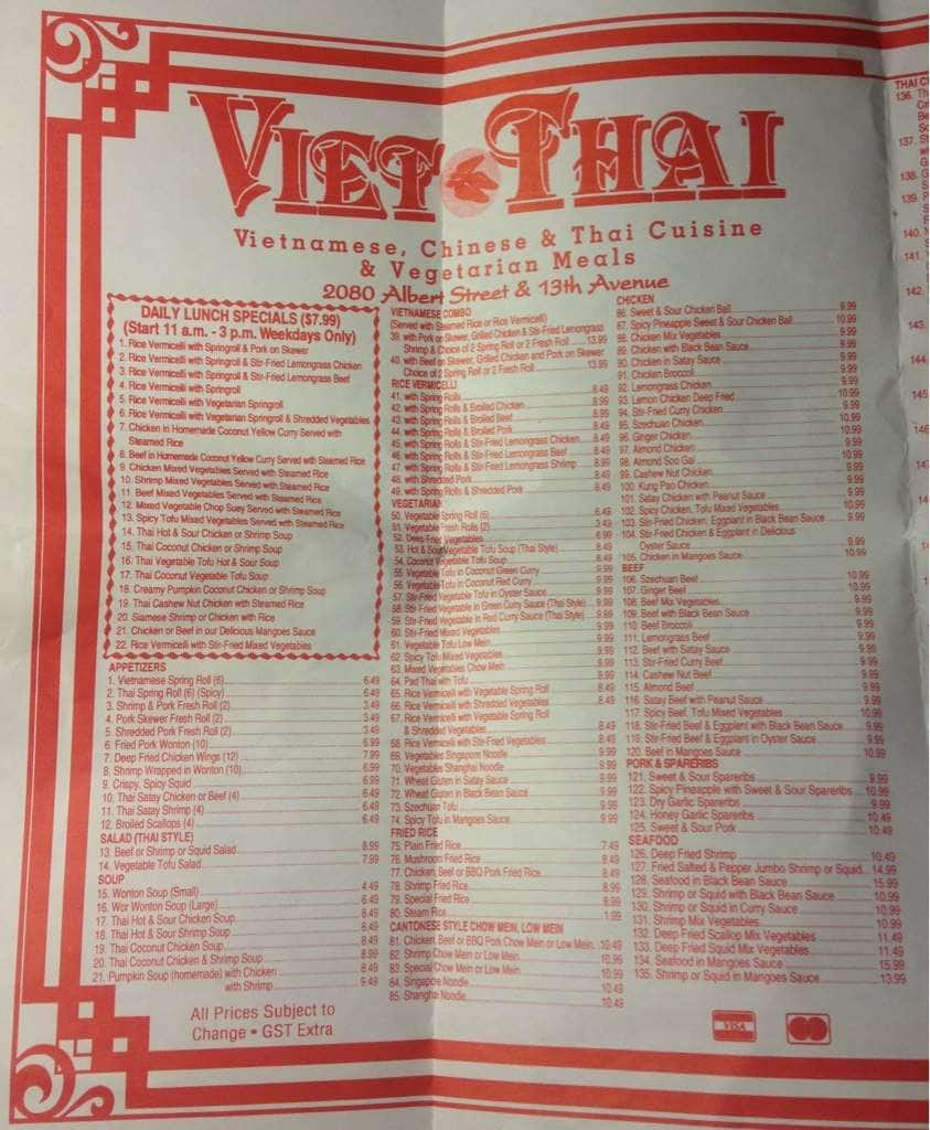 Viet Thai Menu Menu For Viet Thai Cathedral Regina Urbanspoon Zomato