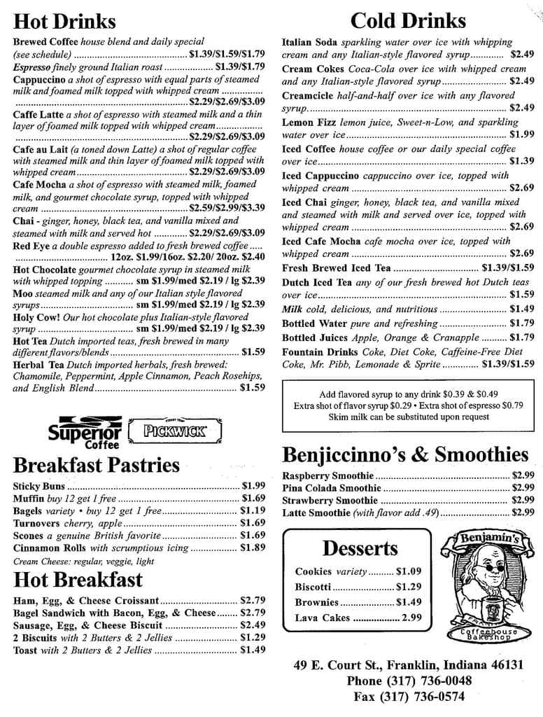 Menu At Benjamin S Coffeehouse Cafe Franklin