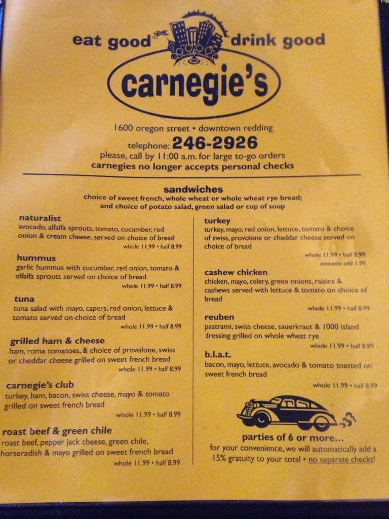 Menu At Carnegies Pub Bar Redding