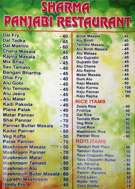 Sharma S Punjabi Restaurant Menu Zomato