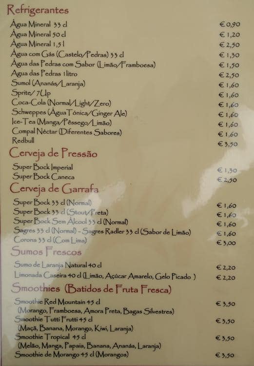 Menu em Tavira café Tavira