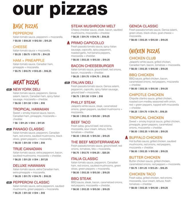 Menu At Panago Pizza Pizzeria Toronto Lynn Williams St