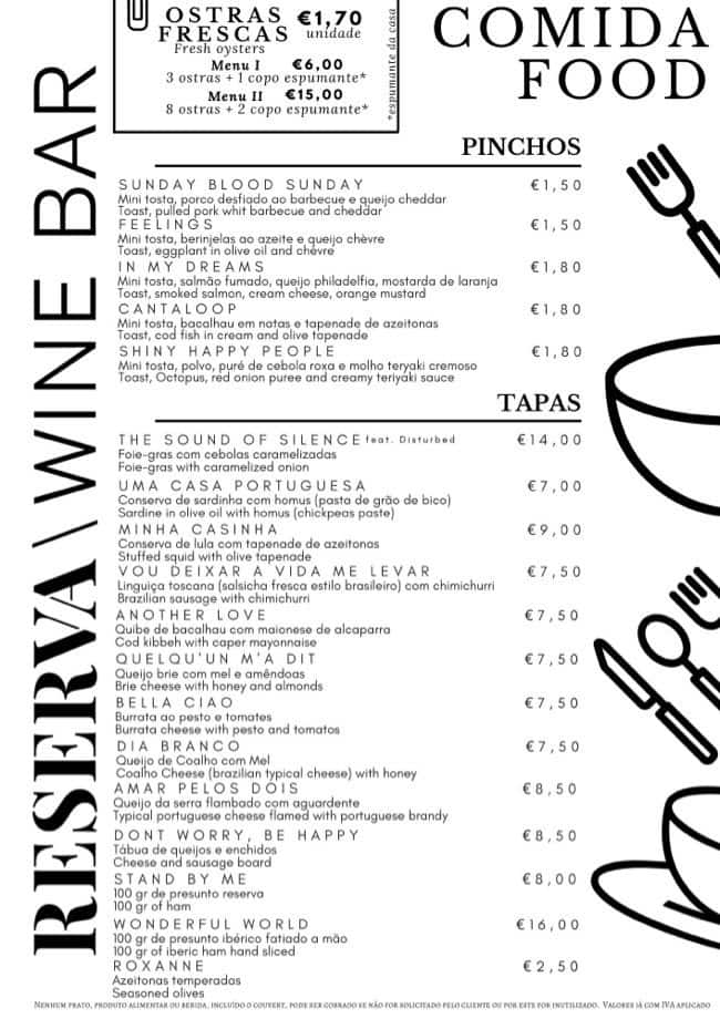 Menu At Reserva Wine Bar Matosinhos