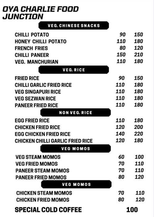 Menu Of Oya Charlie Food Junction Sector Noida