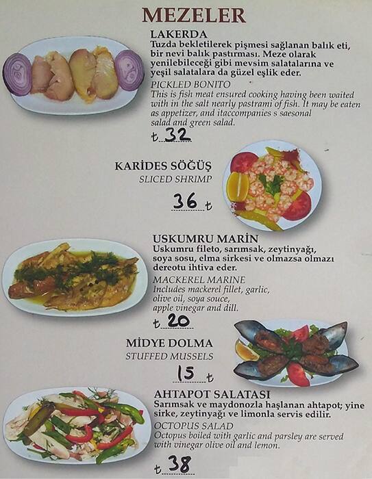 Menu at Rakı Balık Evi Istanbul