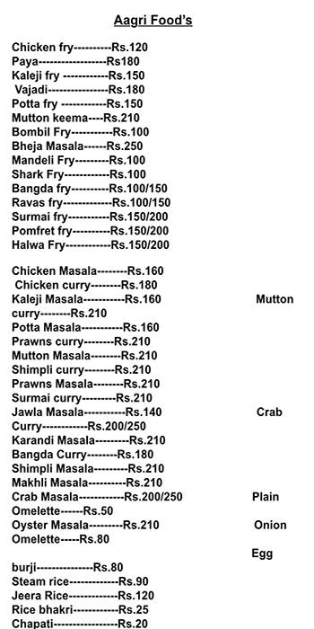 Menu Of Aagri Foods Vasai Mumbai