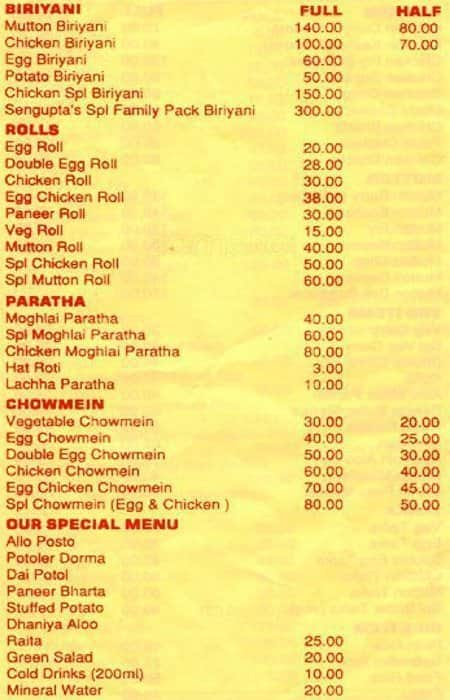 Sengupta S Menu Menu For Sengupta S Prince Anwar Shah Road Kolkata