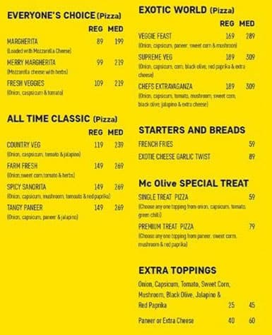 Menu Of Mc Oilve Gaur City Greater Noida