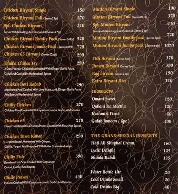 Menu Of The Grand Hyderabad Biryani Restaurant Frazer Town Bangalore