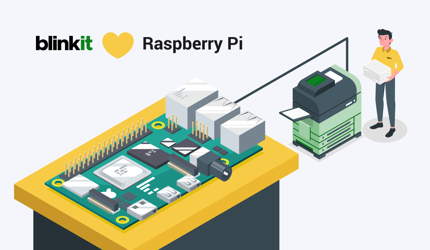 An oversized Blinkit Raspberry Pi connected to a printer  