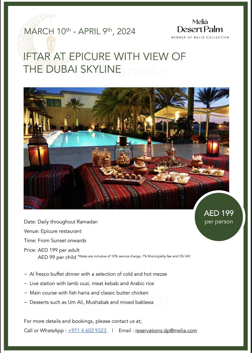 Menu of Epicure - Melia Desert Palm Hotel, International City, Dubai