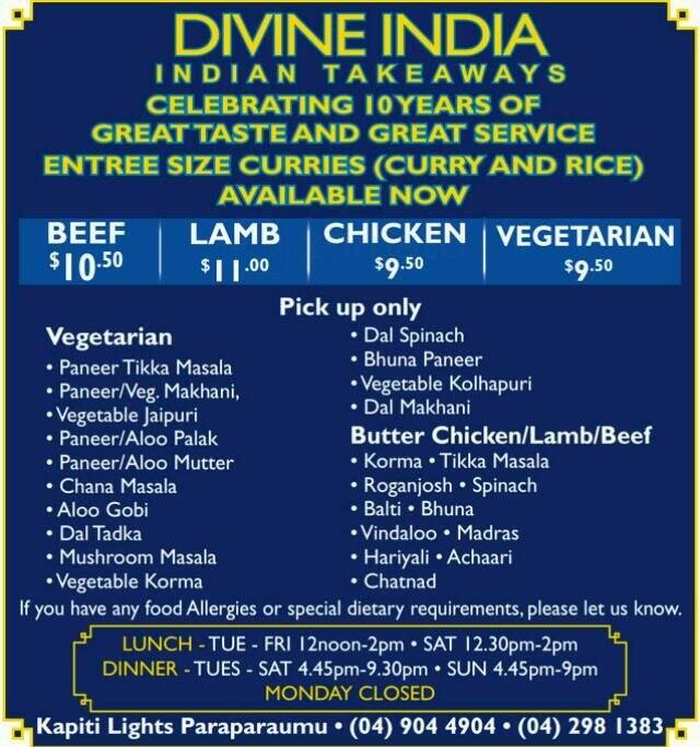 Divine India Menu, Menu for Divine India, Paraparaumu, Wellington