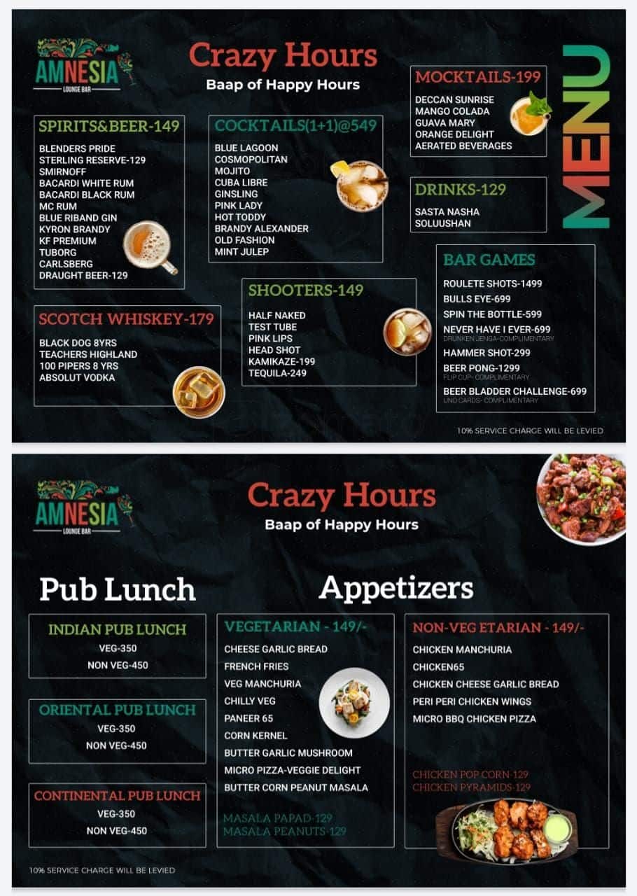 Menu of Amnesia Lounge Bar, Jubilee Hills, Hyderabad