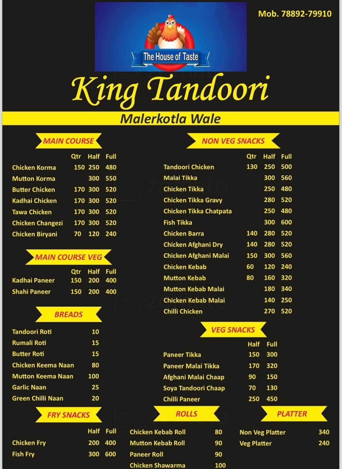 Menu of King Tandoori Sector 70 Mohali