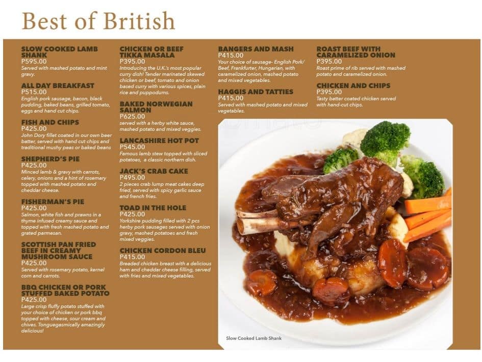 Union Jack Tavern Menu, Menu podniku Union Jack Tavern, Legaspi Village