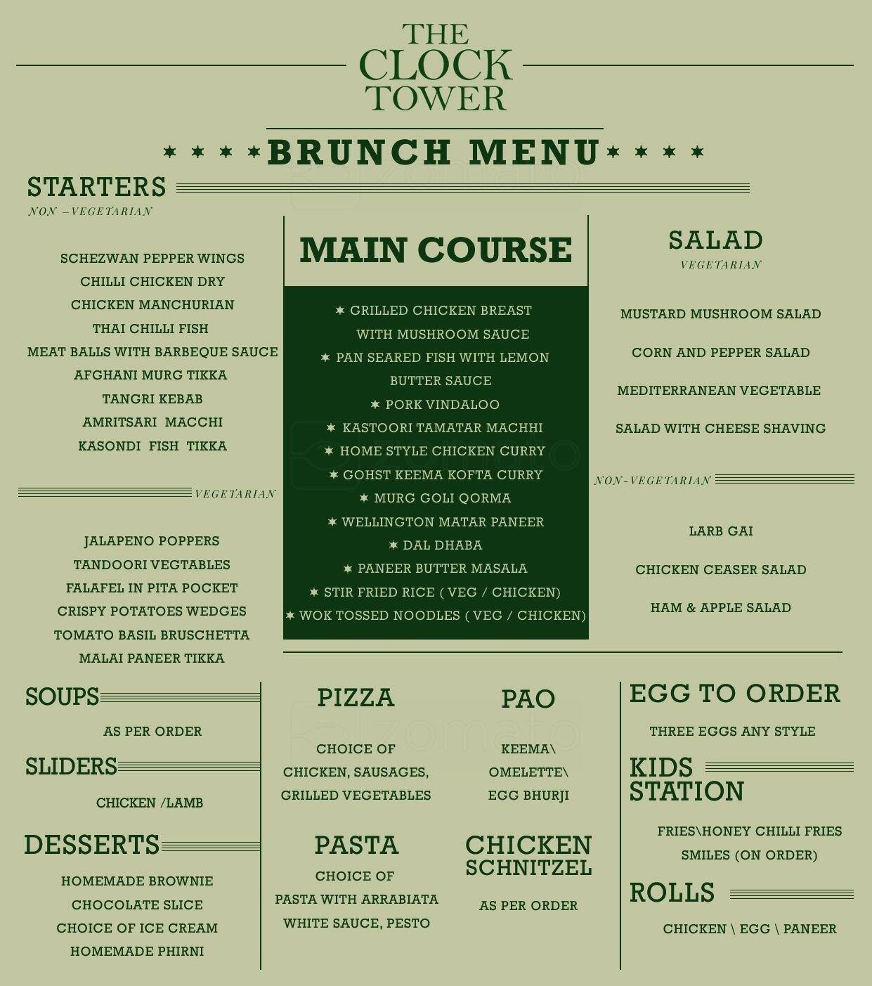 The Clock Tower Menu, Menu for The Clock Tower, Golf Course Road