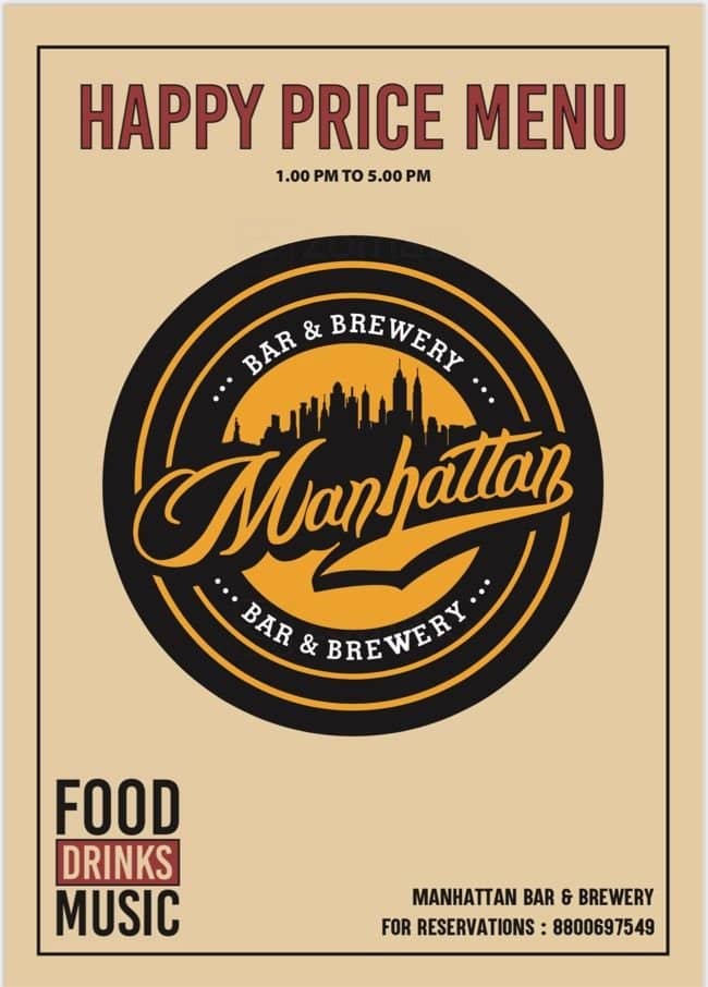 Menu of Manhattan Bar & Brewery, Global Foyer Mall, Golf Course Road, Gurgaon