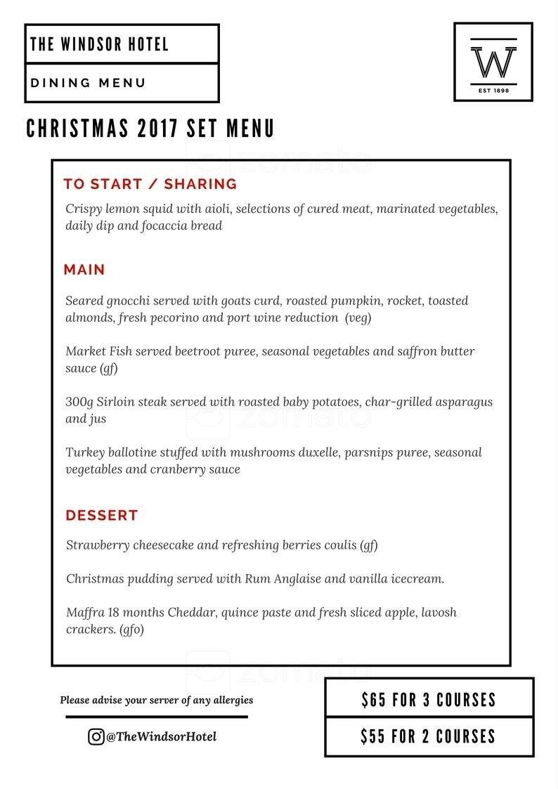 The Windsor Hotel Menu, Menu for The Windsor Hotel, South Perth, Perth