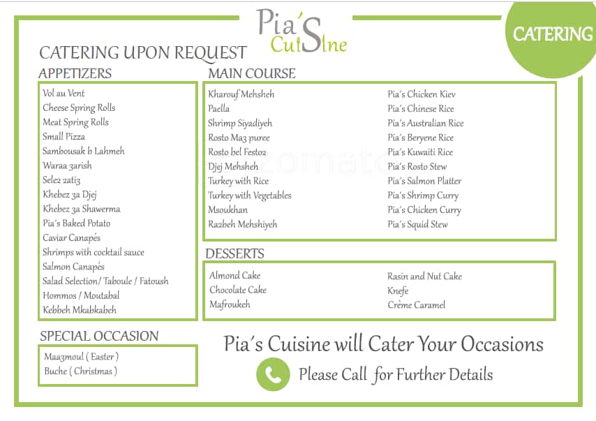 Pia's Cuisine Menu, Menu for Pia's Cuisine, Jdeide, Metn Zomato Lebanon