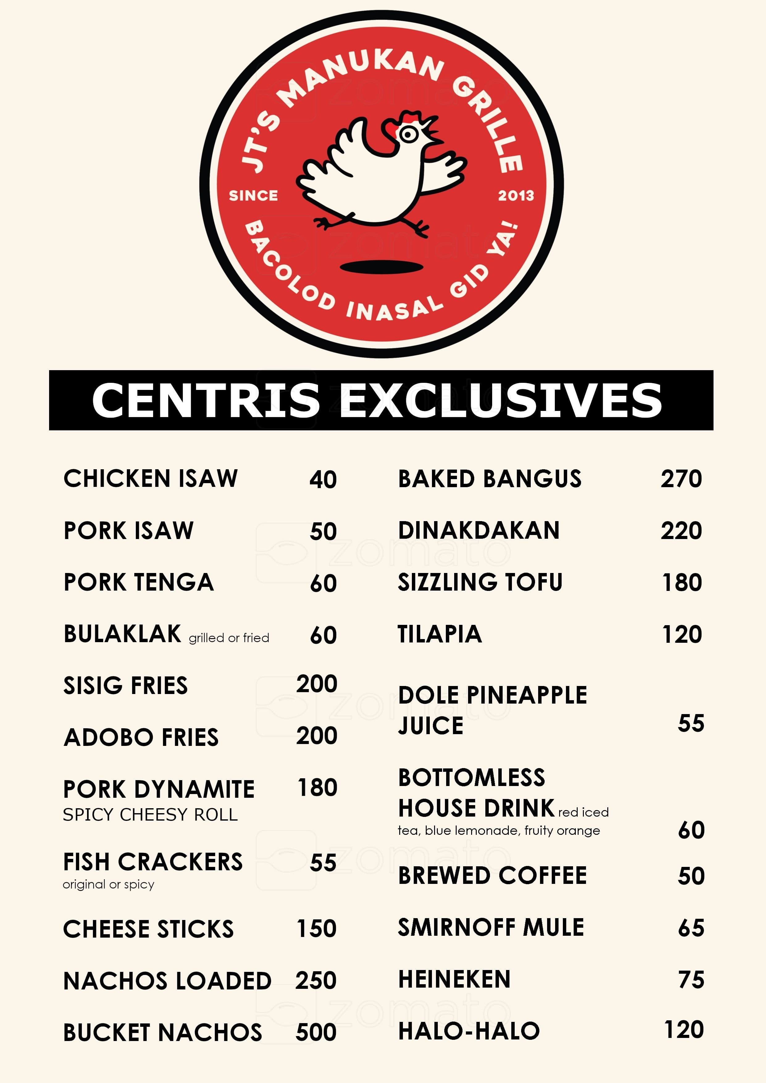 Menu at JT's Manukan Grille restaurant, Quezon City, Unit 2B Centris Walk