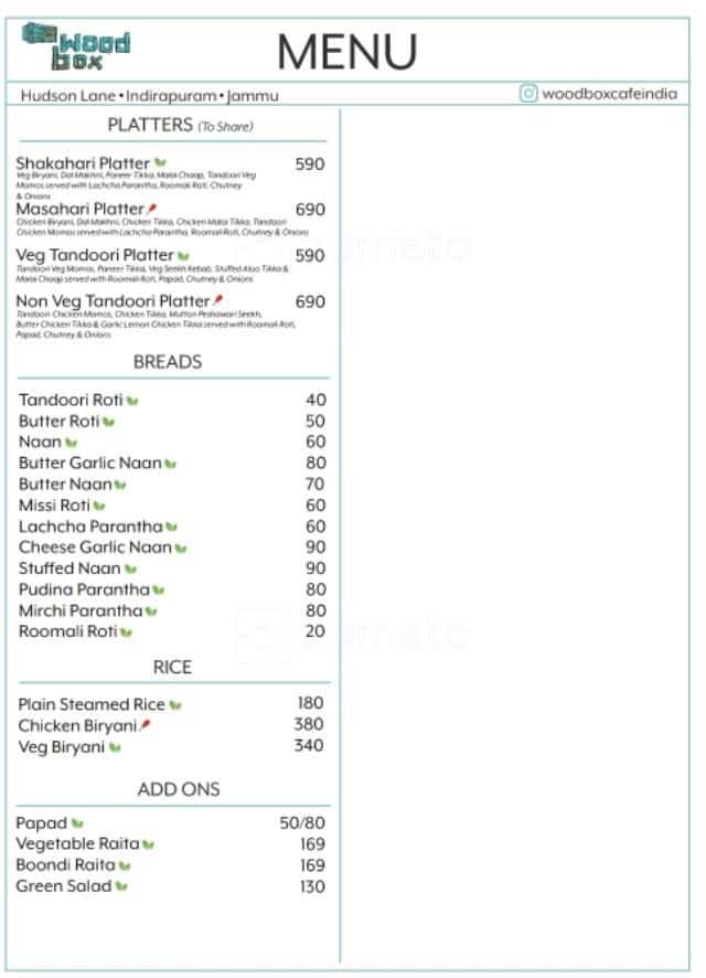 Menu of Wood Box Cafe, Delhi UniversityGTB Nagar, New Delhi