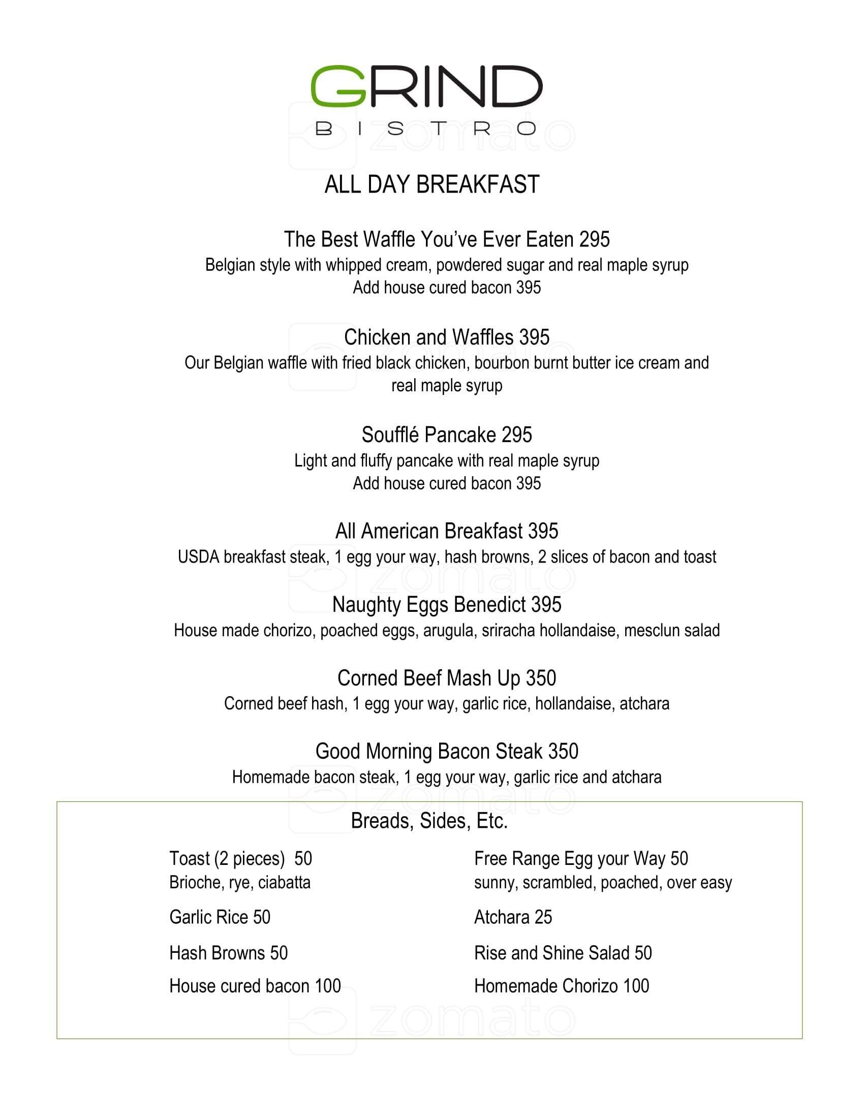 Grind Bistro Menu, Menu for Grind Bistro, Bonifacio Global City, Taguig