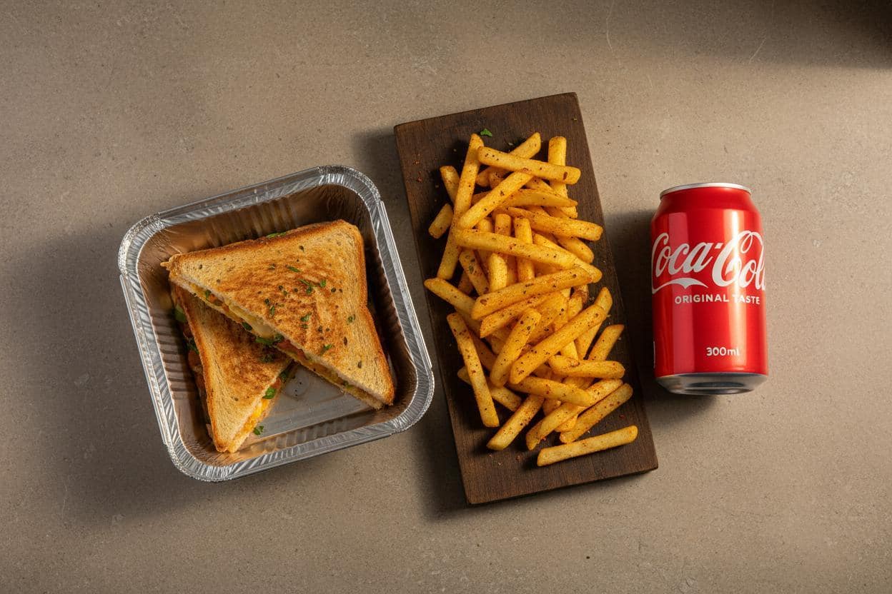 Veg Grilled Sandwich And French Fries With Cold Beverage