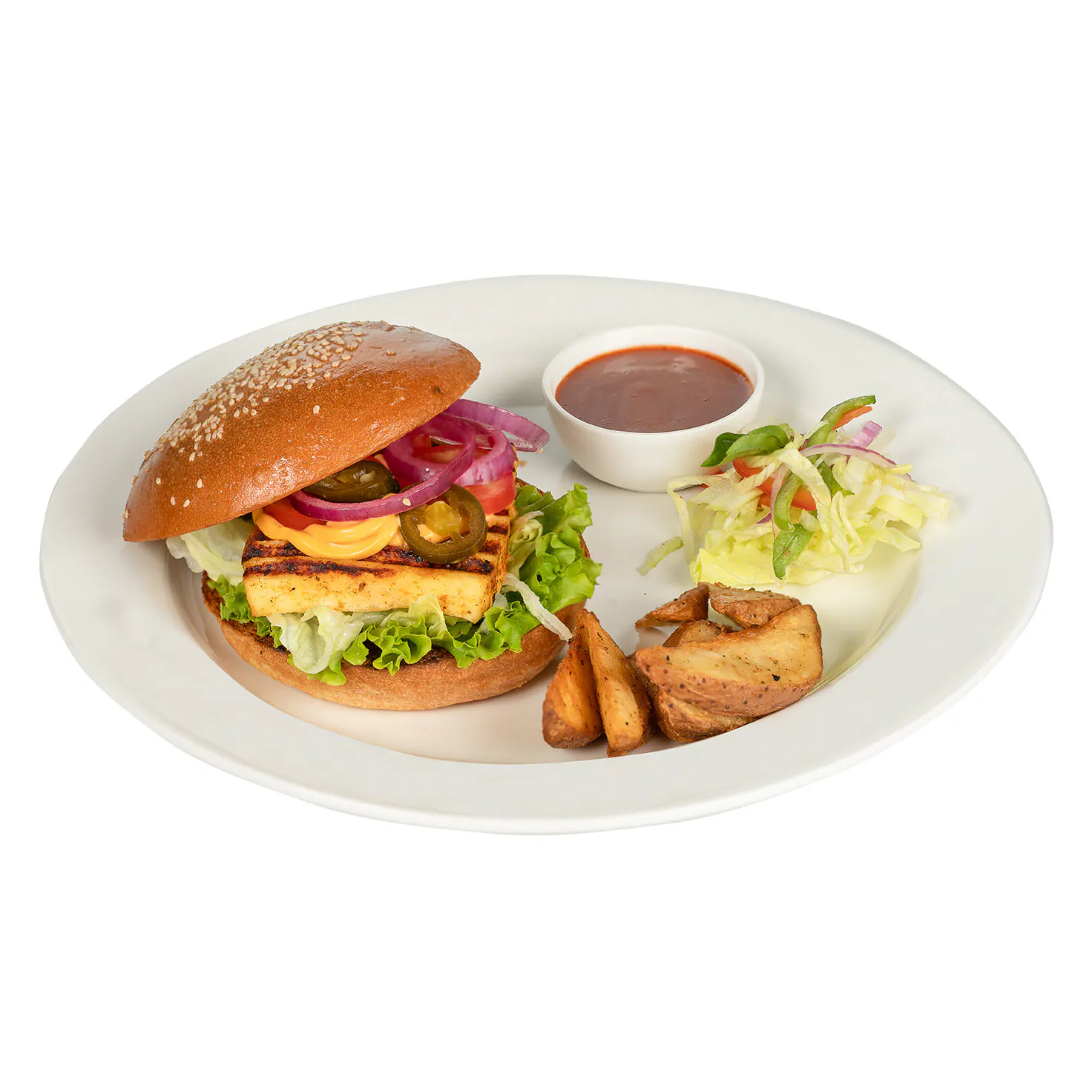 Paneer Steak Burger With Exotic Veggies Sriracha Dip N Wedges
