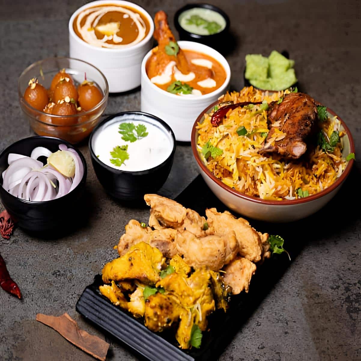 Indian feast with biryani, curries and tandoori favourites