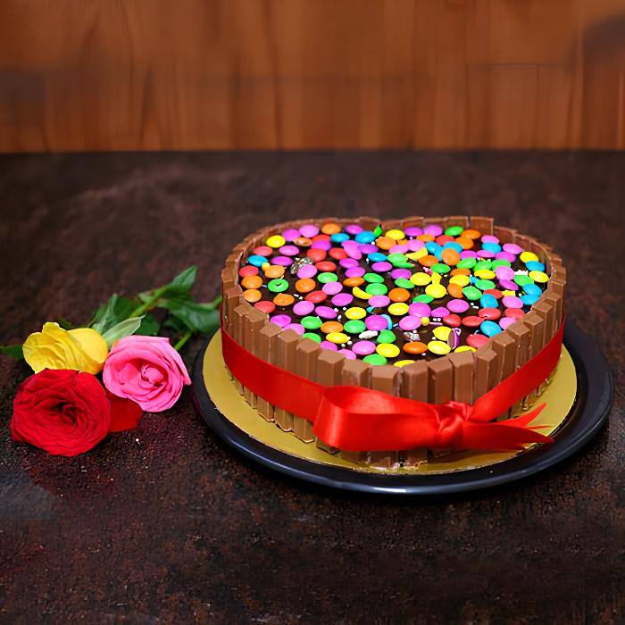 Heart Shape Kit Kat Gems Cake Eggless