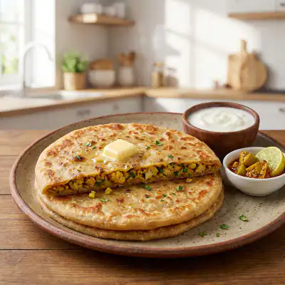 Gobhi Parantha With Curd, Butter And Pickle
