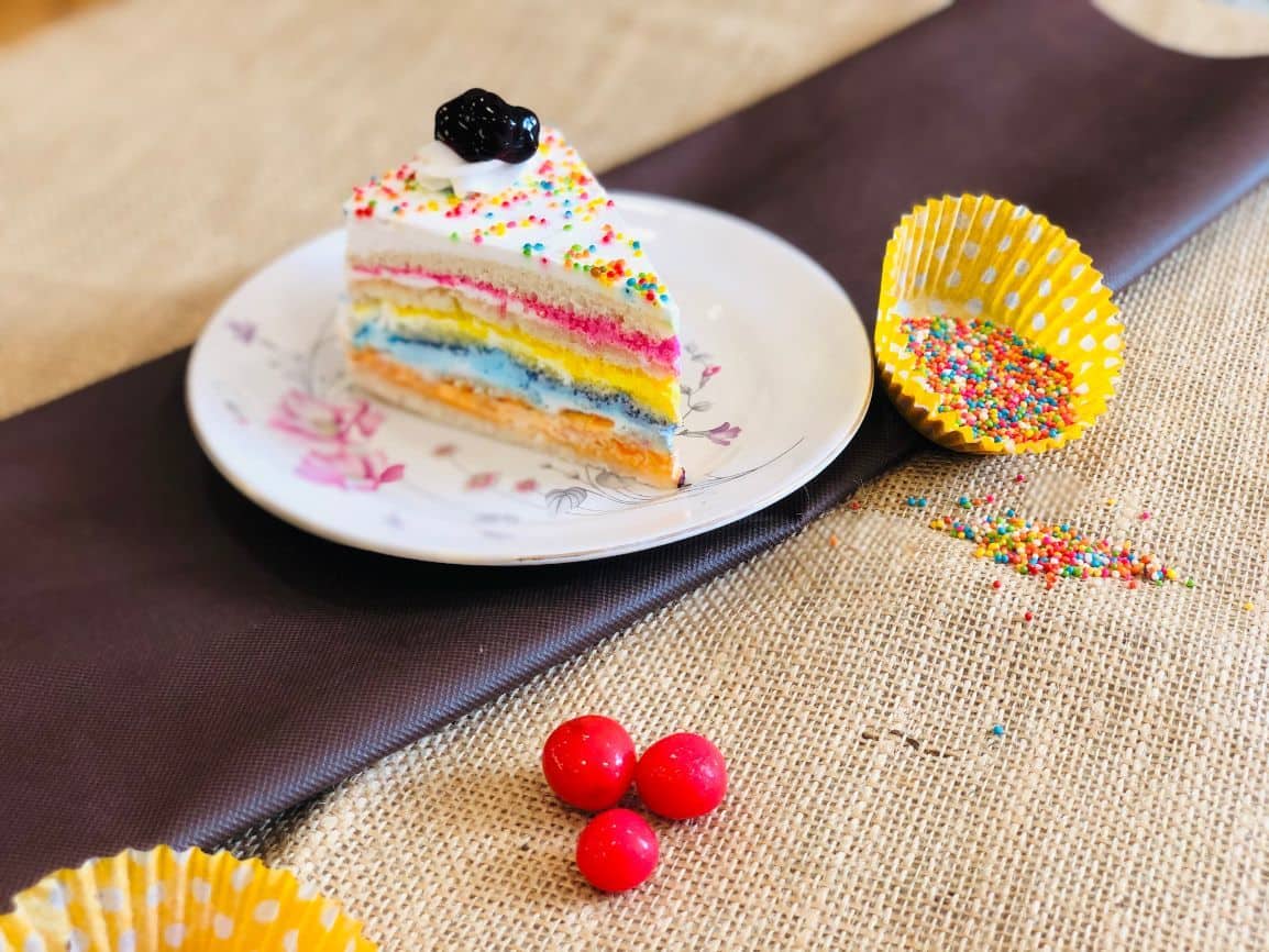 Piece Of Rectangular Shape Velvet Rainbow Cake With Scoop Of Vanilla Ice  Cream Stock Photo - Download Image Now - iStock