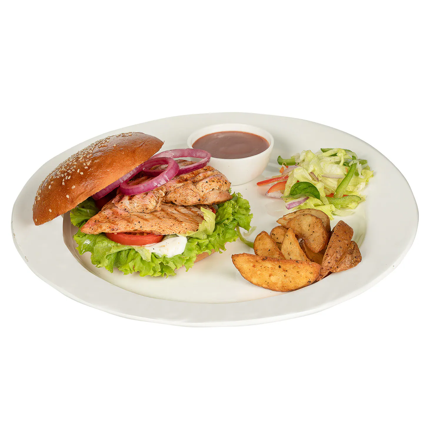 Chicken Steak Burger With Exotic Veggies Sriracha Dip N Wedges