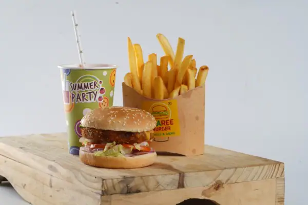 Cheese Burger With French Fries And Chocolate Shake
