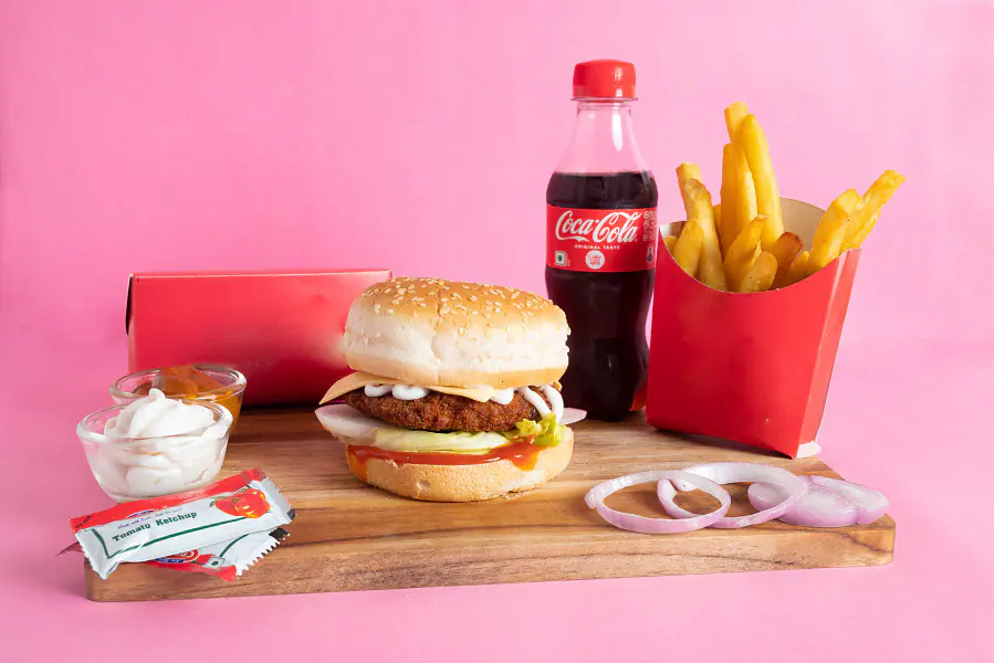 Spicy Veg Burger Meal(burger+coca COLA +fries)