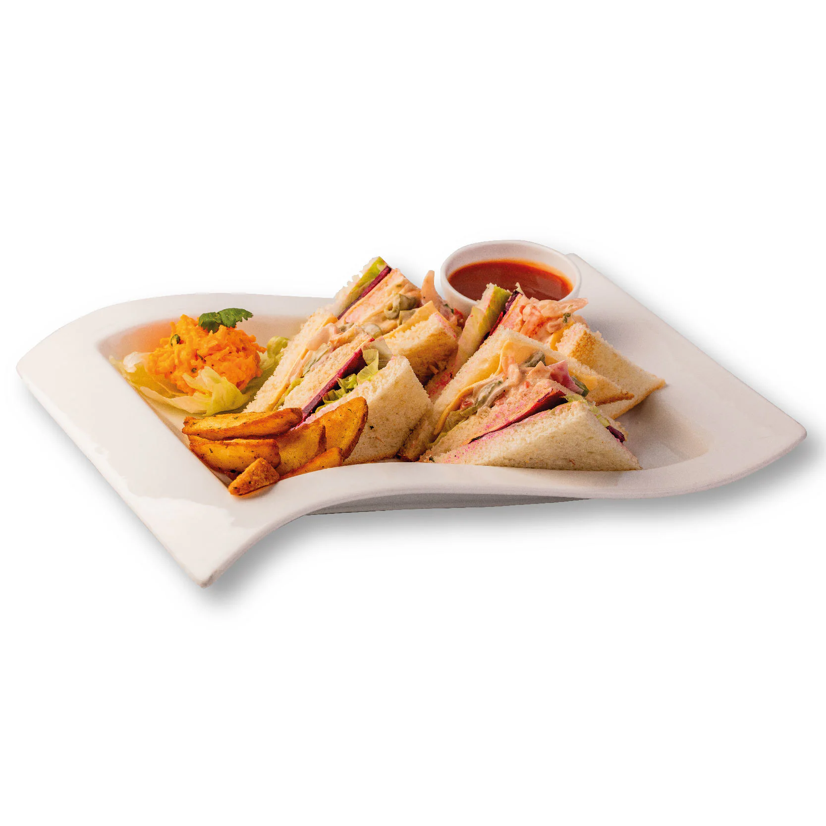 Triple Decker Fresh Veggies Cheese Salsa Sandwich With Wedges