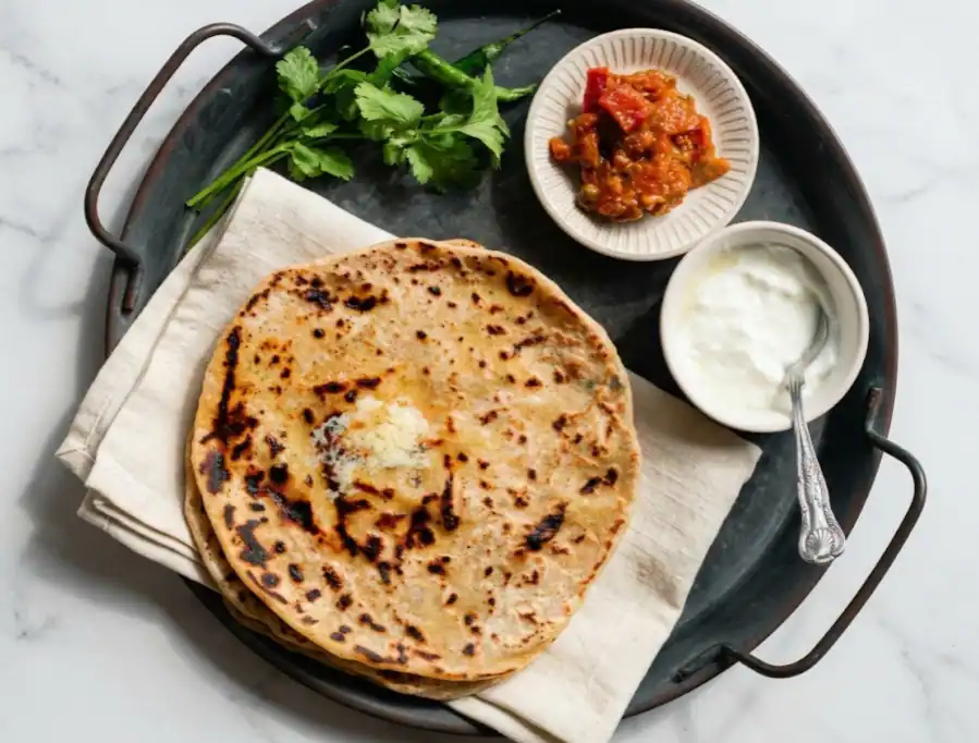 Aloo Paratha With Pickle And Curd