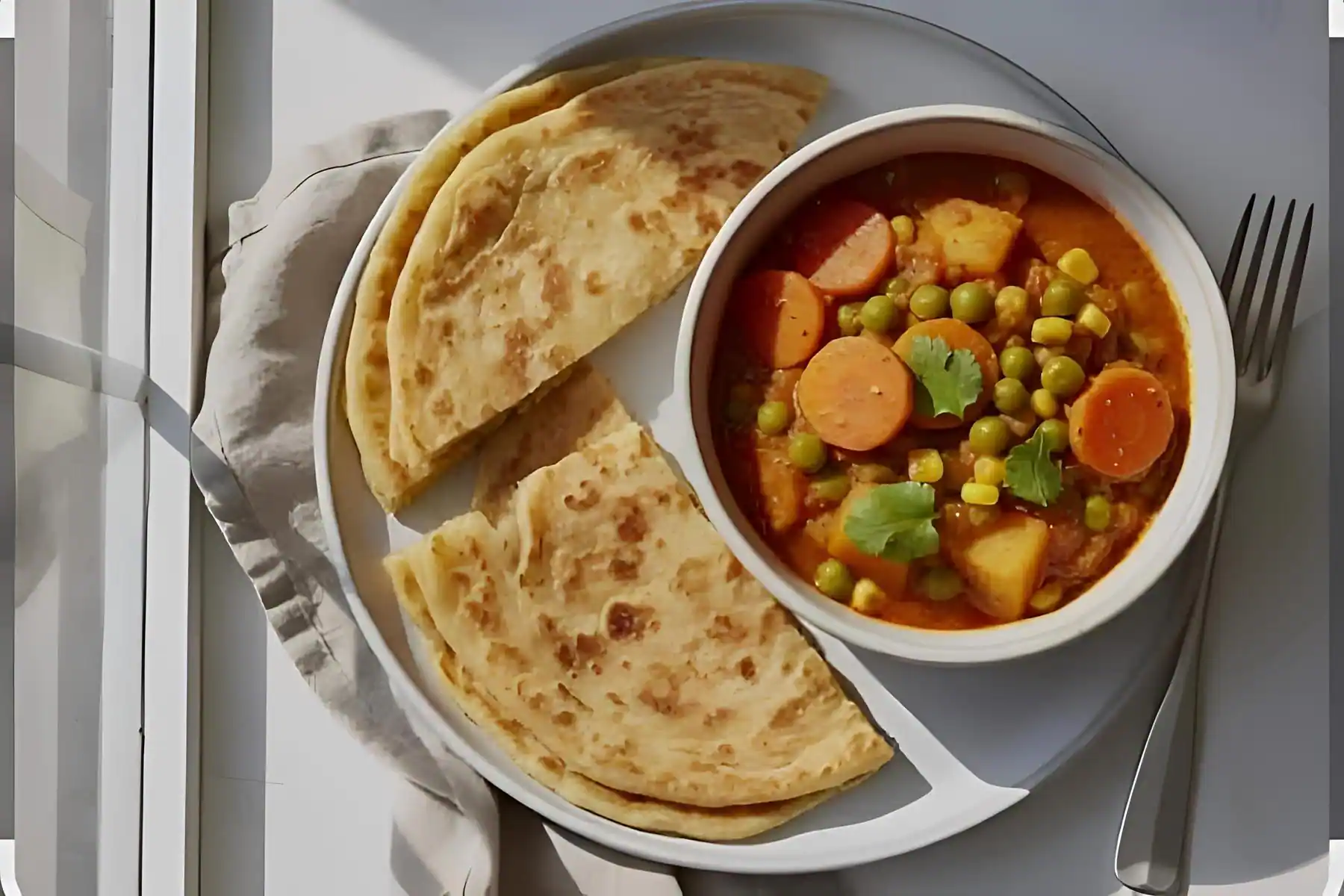 Mix Sabzi With Ajwain Paranthas And Onion Salad