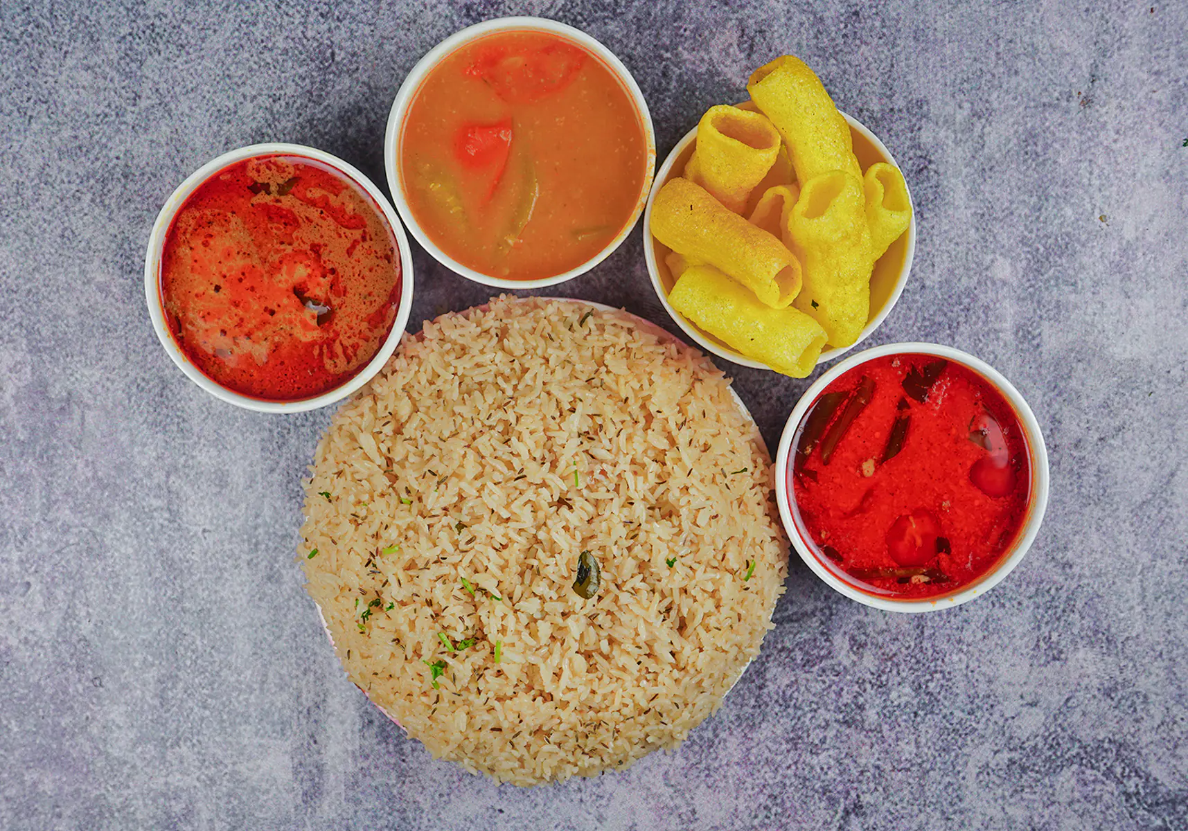 Plain Masala Bagara With Masala [Grinded Kaju], Dalcha, Aloo Khorma & Papad