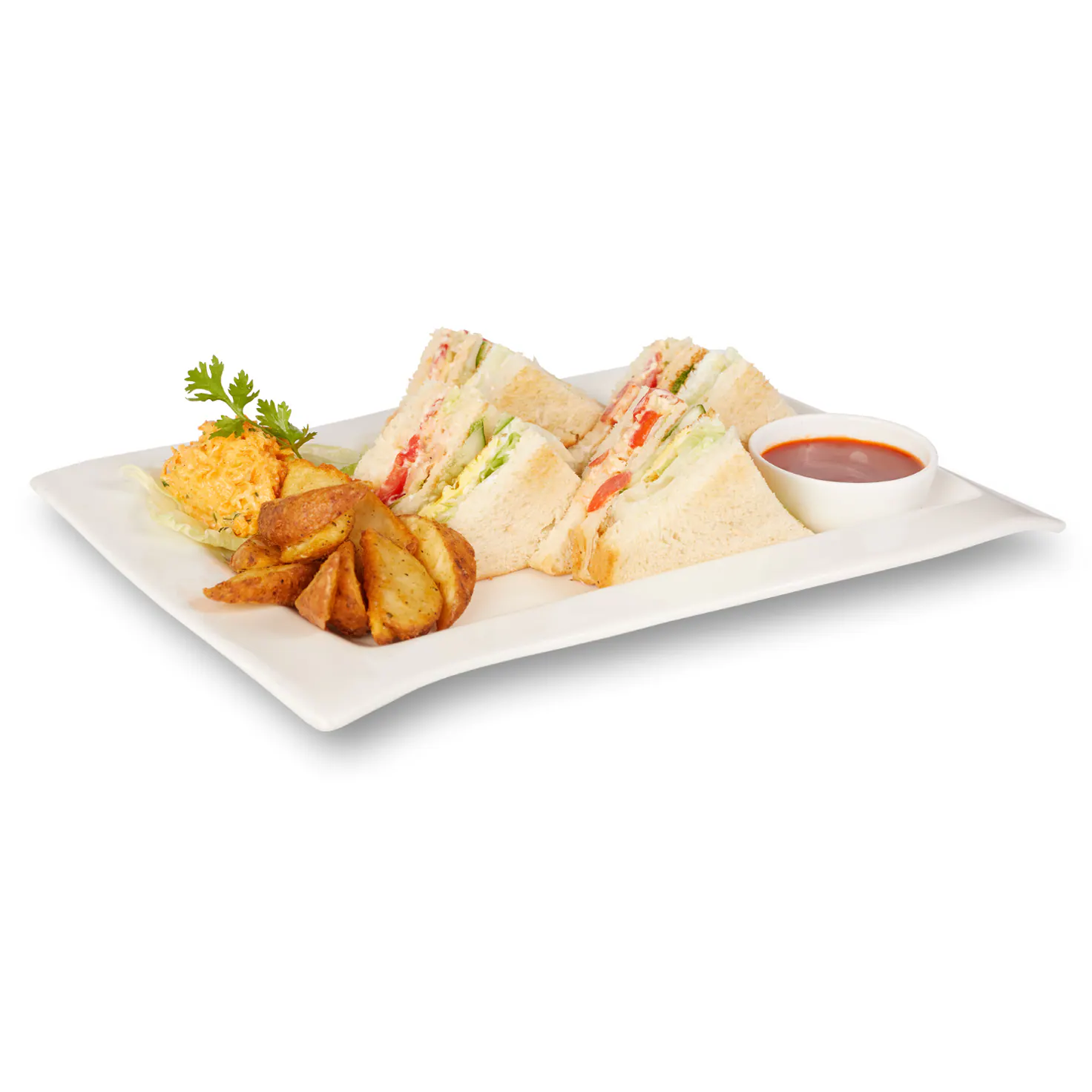 Triple Decker Chicken N Fried Egg Sandwich With Wedges