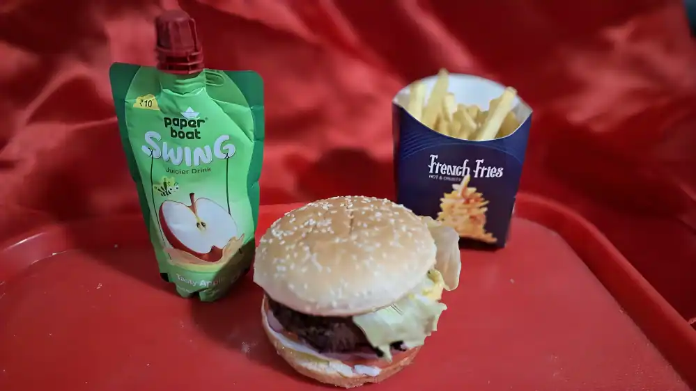 Cheese Burger With French Fries And Cold Drink