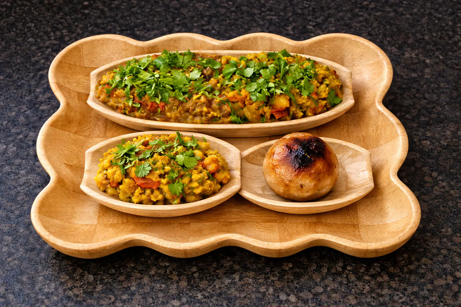 Single Bihari Litti With Chokha + Baigan Ka Bharta & Gur